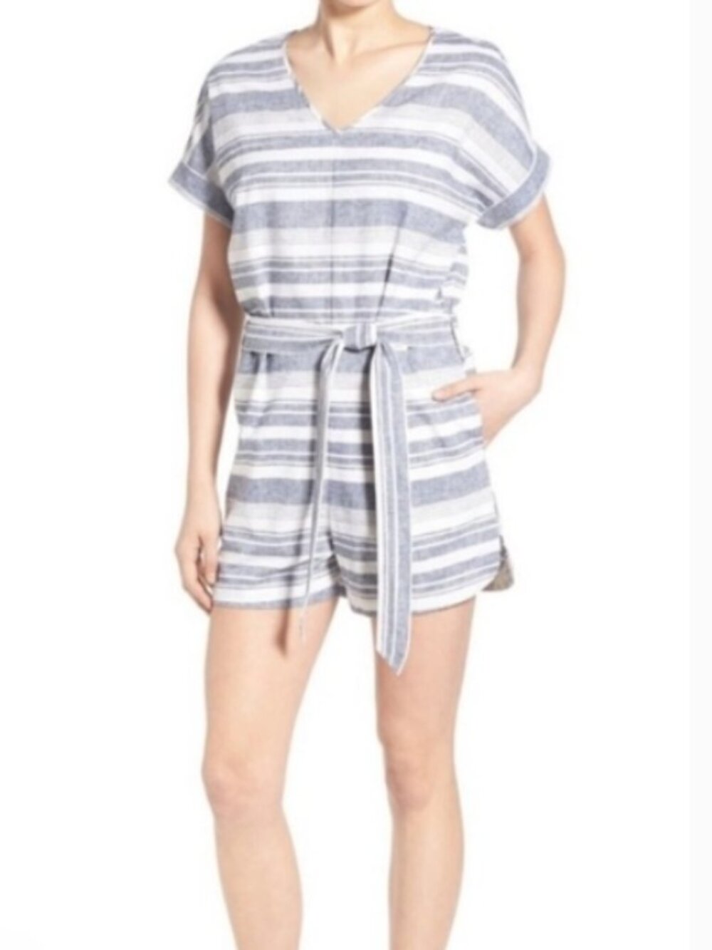 Madewell Perimeter striped linen cotton romper S‎